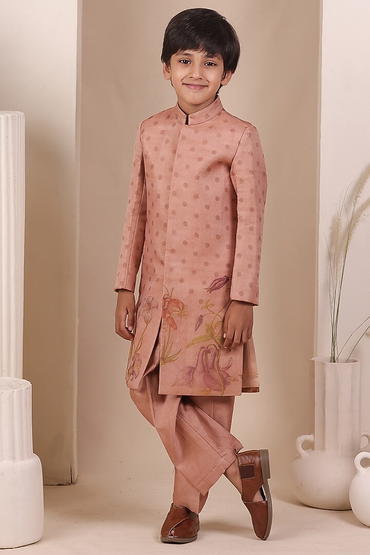 Onion Pink Tissue Silk Floral Motif Embroidered Achkan Set For Boys by All Boy Couture at Pernia's Pop Up Shop