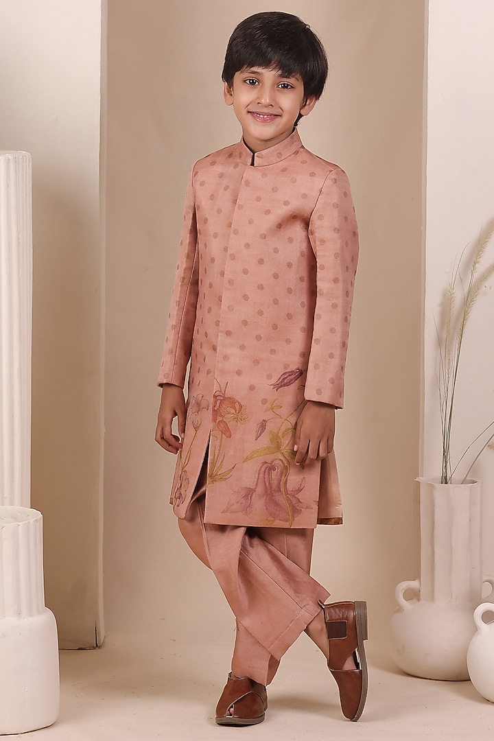 Onion Pink Tissue Silk Floral Motif Embroidered Achkan Set For Boys by All Boy Couture at Pernia's Pop Up Shop