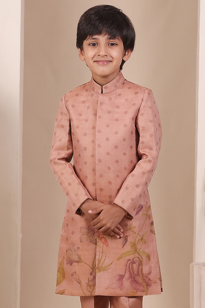 Onion Pink Tissue Silk Floral Motif Embroidered Achkan Set For Boys by All Boy Couture at Pernia's Pop Up Shop