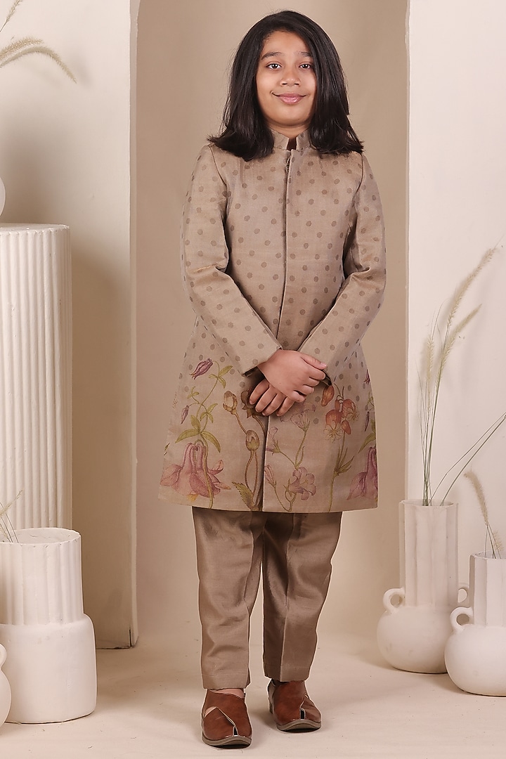 Brown Tissue Silk Floral Motif Embroidered Achkan Set For Boys by All Boy Couture at Pernia's Pop Up Shop