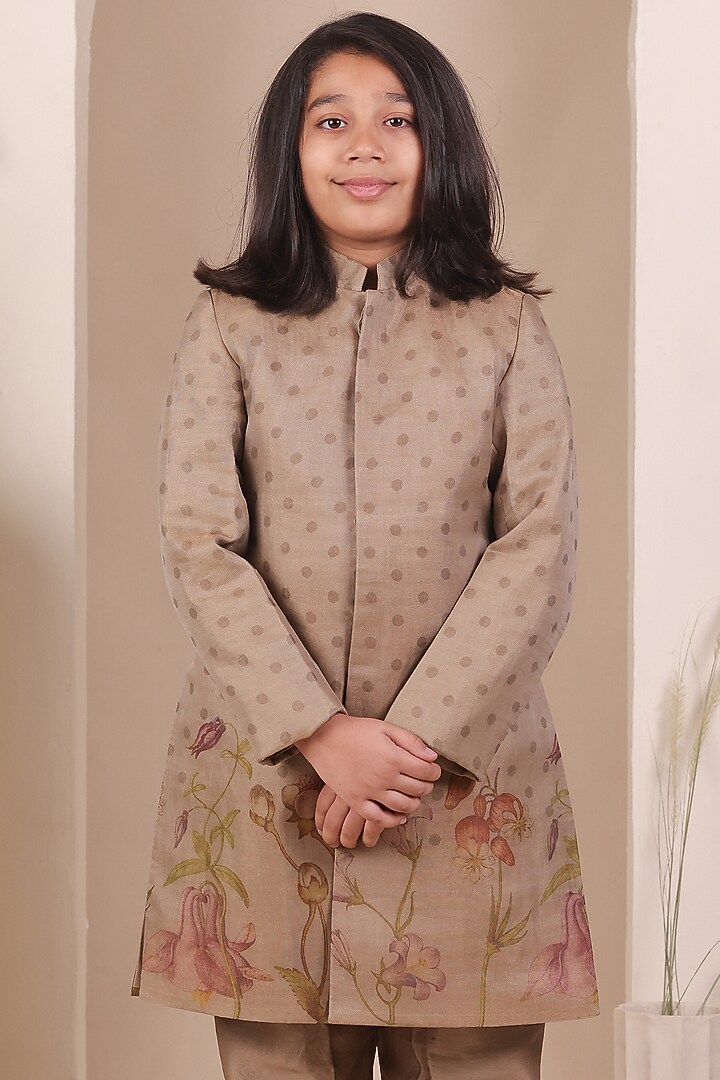 Brown Tissue Silk Floral Motif Embroidered Achkan Set For Boys by All Boy Couture at Pernia's Pop Up Shop