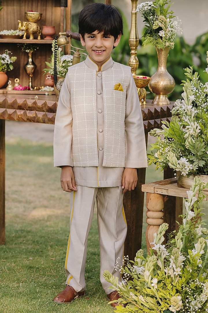 Grey Linen Checkered Embroidered Nehru Jacket Set For Boys by All Boy Couture at Pernia's Pop Up Shop