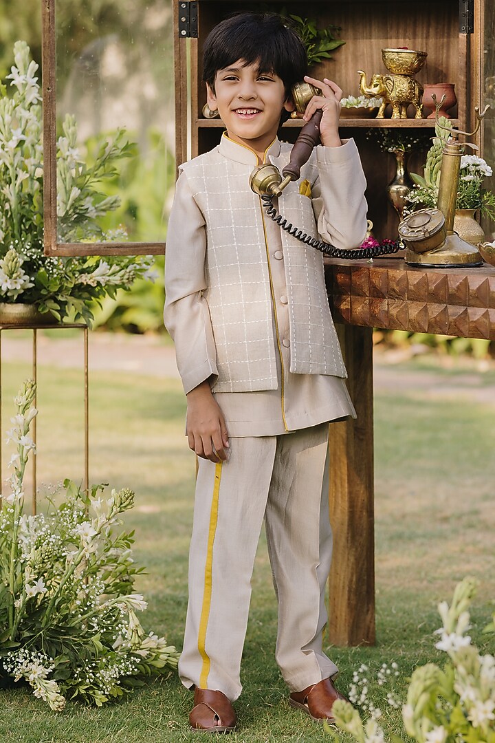 Grey Linen Checkered Embroidered Nehru Jacket Set For Boys by All Boy Couture at Pernia's Pop Up Shop