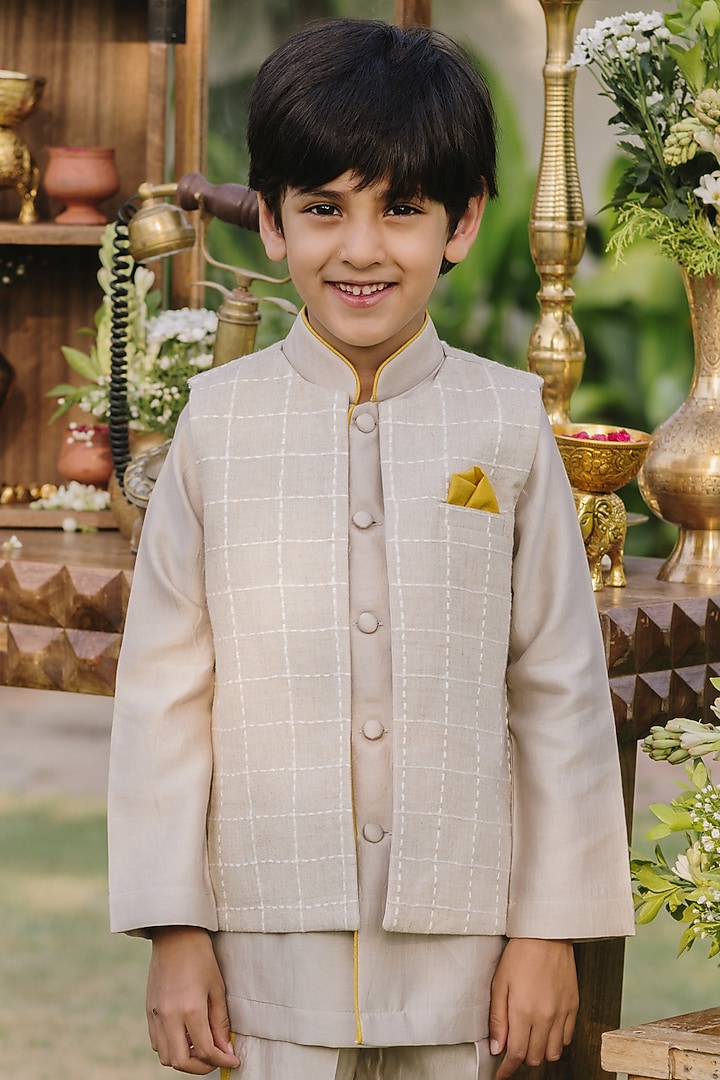 Grey Linen Checkered Embroidered Nehru Jacket Set For Boys by All Boy Couture at Pernia's Pop Up Shop