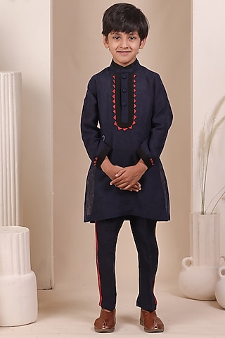 Navy Blue Soft Linen Kurta Set For Boys by All Boy Couture