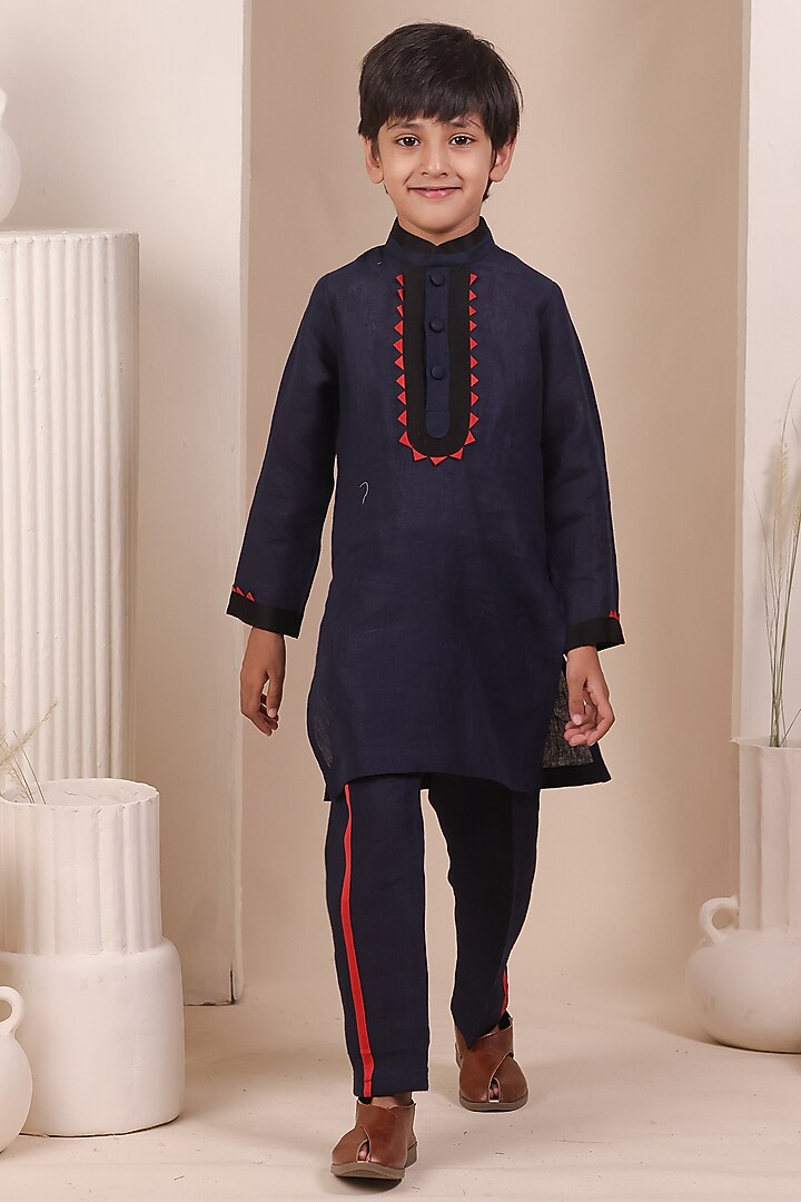 Navy Blue Soft Linen Kurta Set For Boys by All Boy Couture at Pernia's Pop Up Shop