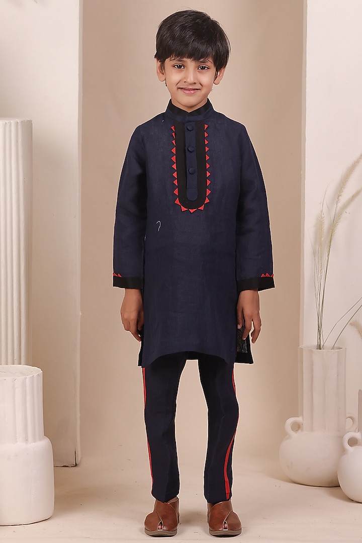Navy Blue Soft Linen Kurta Set For Boys by All Boy Couture at Pernia's Pop Up Shop