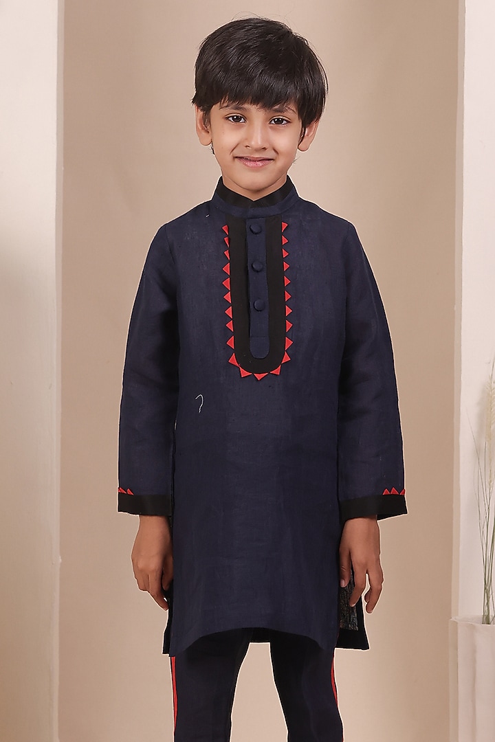Navy Blue Soft Linen Kurta Set For Boys by All Boy Couture at Pernia's Pop Up Shop