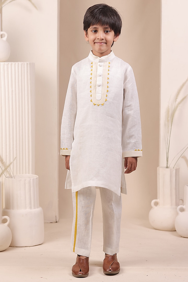 White Soft Linen Kurta Set For Boys by All Boy Couture at Pernia's Pop Up Shop