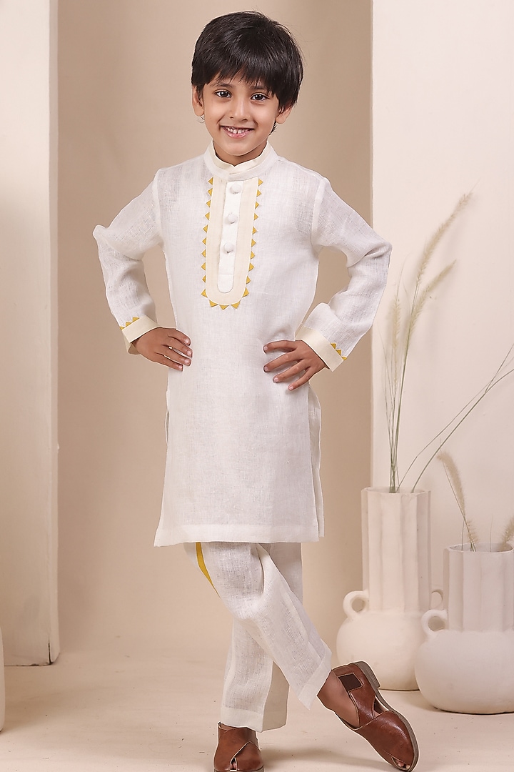 White Soft Linen Kurta Set For Boys by All Boy Couture at Pernia's Pop Up Shop