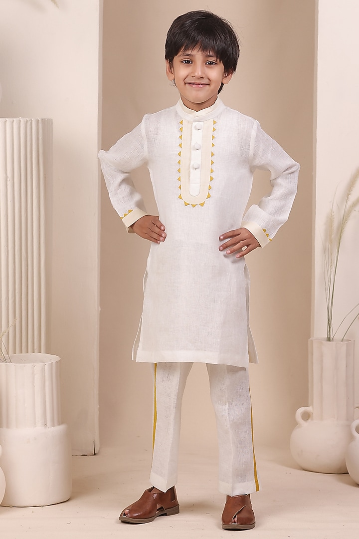 White Soft Linen Kurta Set For Boys by All Boy Couture at Pernia's Pop Up Shop