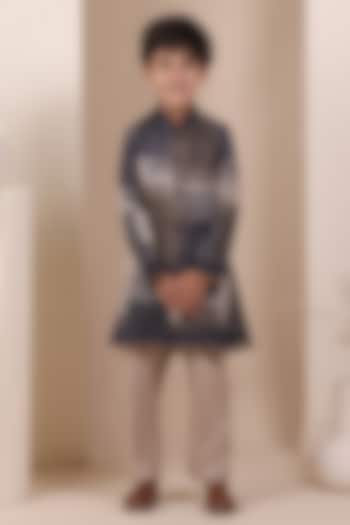 Navy Blue Tussar Printed Kurta Set For Boys by All Boy Couture at Pernia's Pop Up Shop