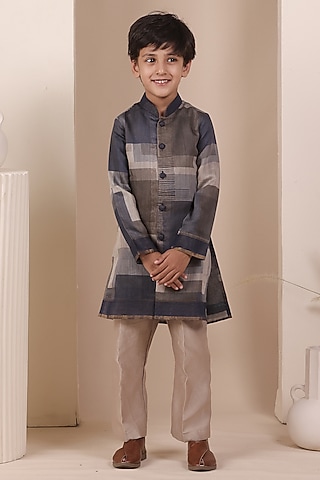 Navy Blue Tussar Printed Kurta Set For Boys by All Boy Couture