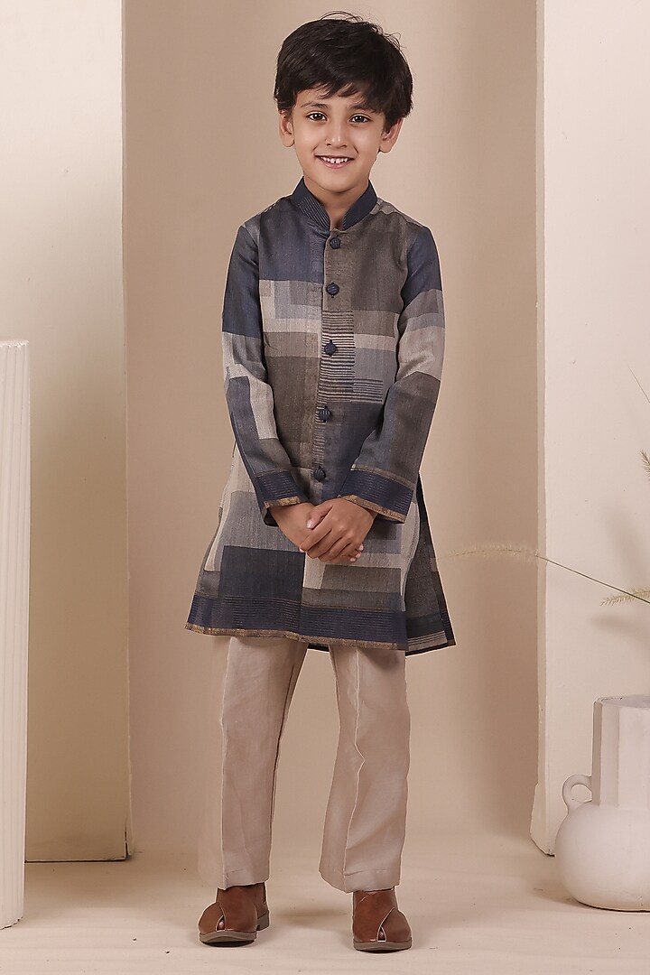 Navy Blue Tussar Printed Kurta Set For Boys by All Boy Couture at Pernia's Pop Up Shop