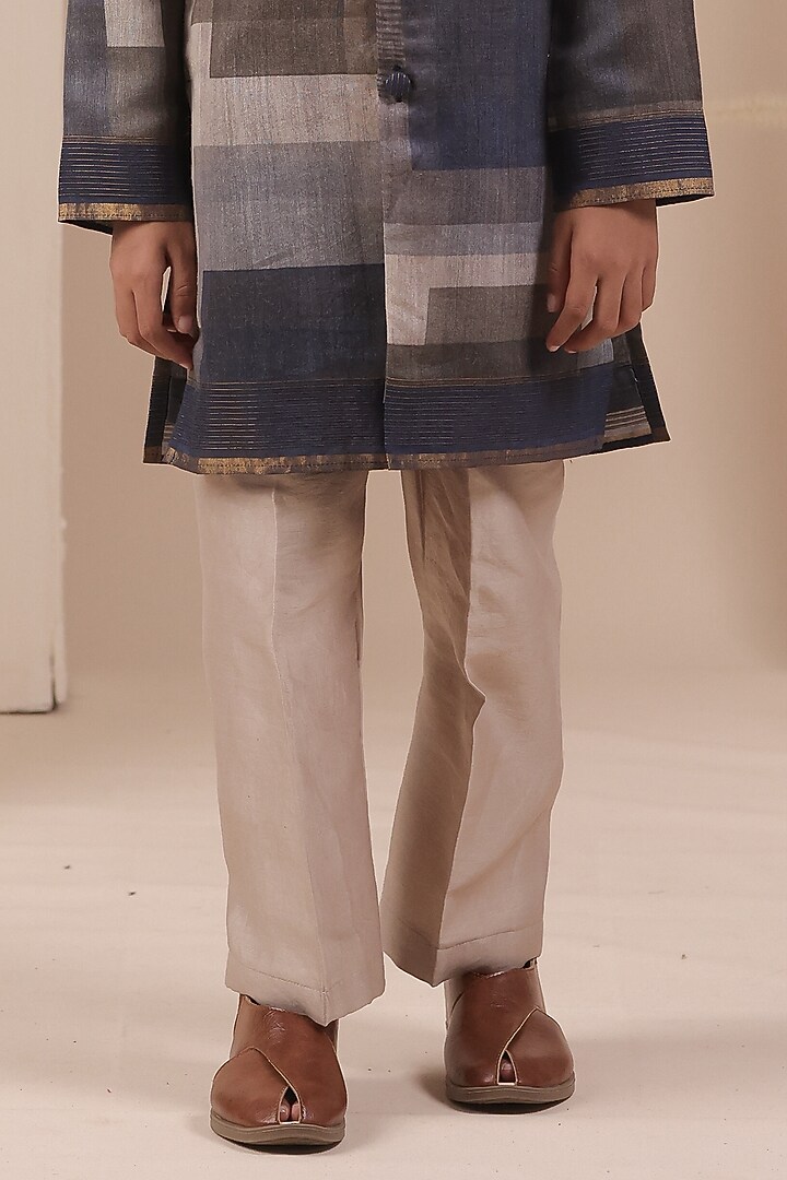Navy Blue Tussar Printed Kurta Set For Boys by All Boy Couture at Pernia's Pop Up Shop