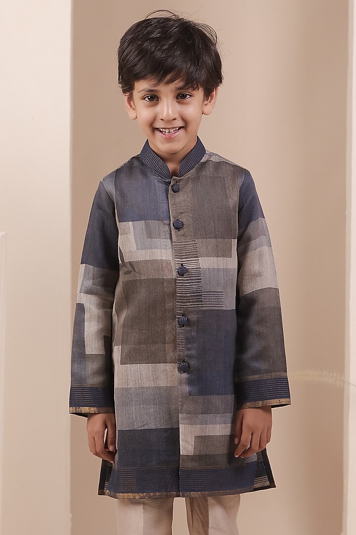 Navy Blue Tussar Printed Kurta Set For Boys by All Boy Couture at Pernia's Pop Up Shop