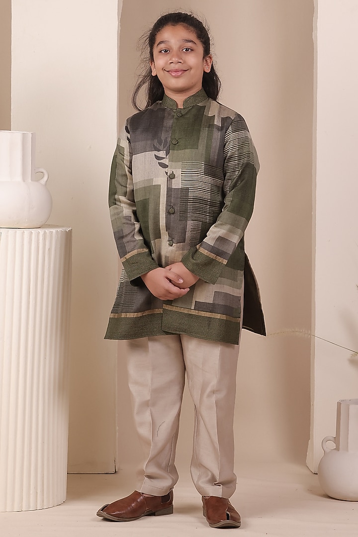 Olive Green Tussar Printed Kurta Set For Boys by All Boy Couture at Pernia's Pop Up Shop
