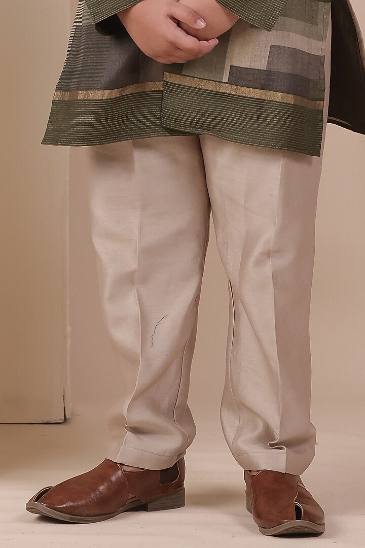 Olive Green Tussar Printed Kurta Set For Boys by All Boy Couture at Pernia's Pop Up Shop