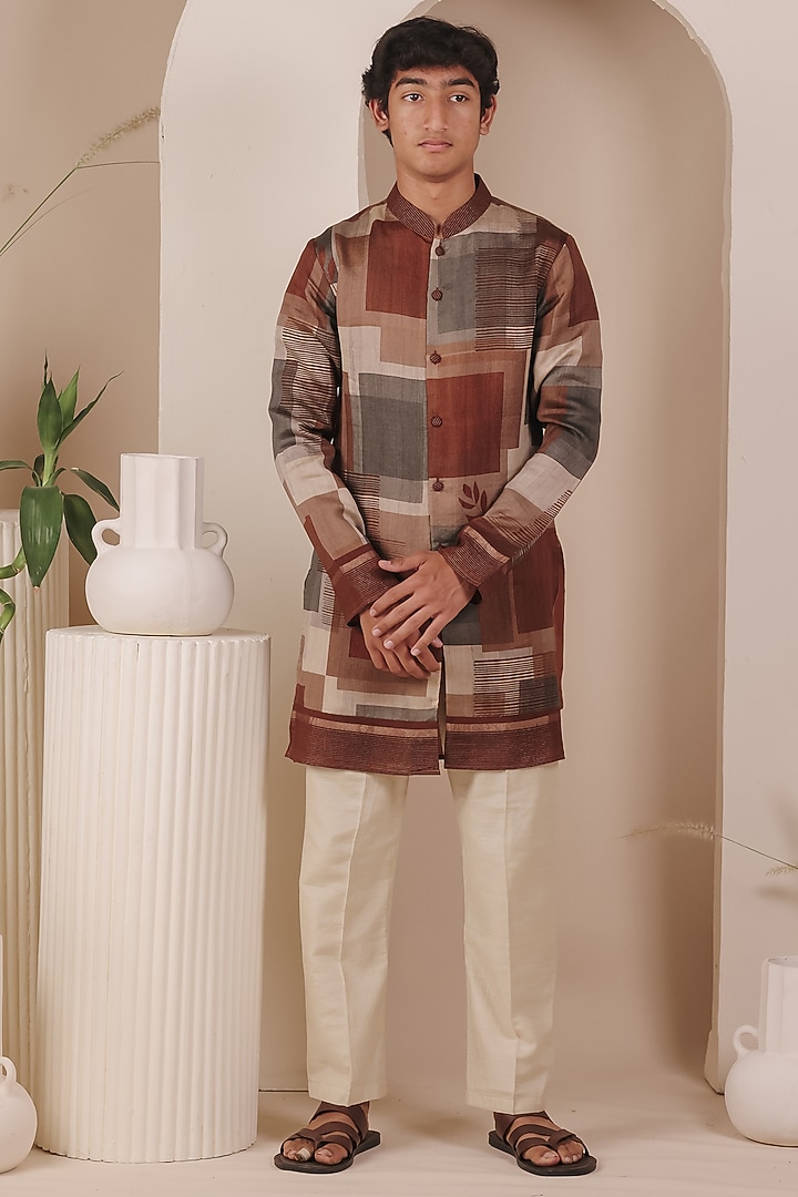 Maroon Tussar Printed Kurta Set For Boys by All Boy Couture at Pernia's Pop Up Shop