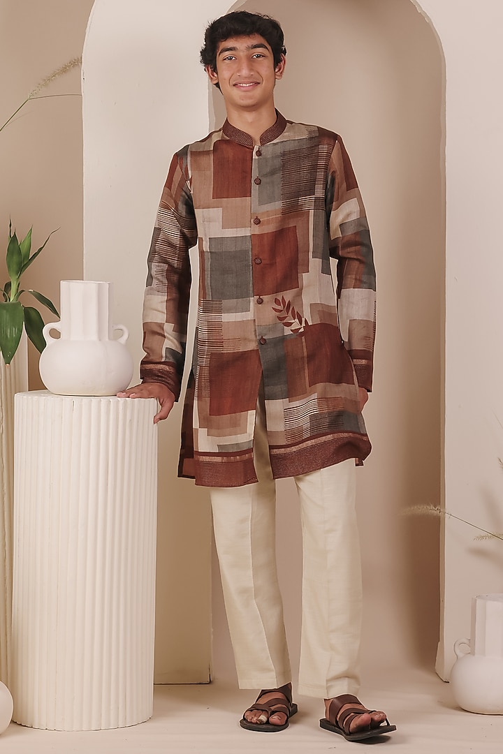 Maroon Tussar Printed Kurta Set For Boys by All Boy Couture at Pernia's Pop Up Shop