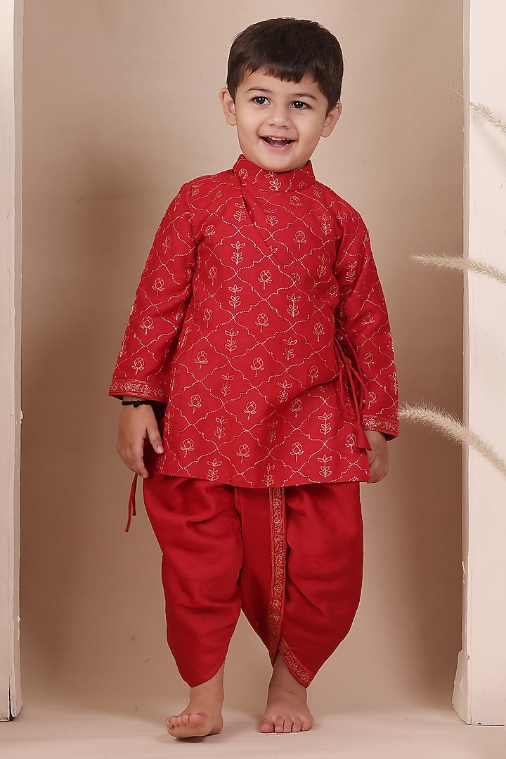 Red Cotton Silk Dhoti Set For Boys by All Boy Couture at Pernia's Pop Up Shop