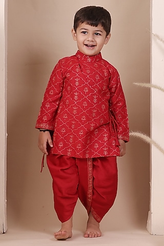 Red Cotton Silk Dhoti Set For Boys by All Boy Couture