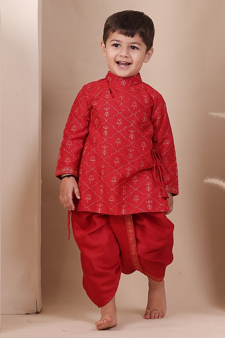 Red Cotton Silk Dhoti Set For Boys by All Boy Couture at Pernia's Pop Up Shop