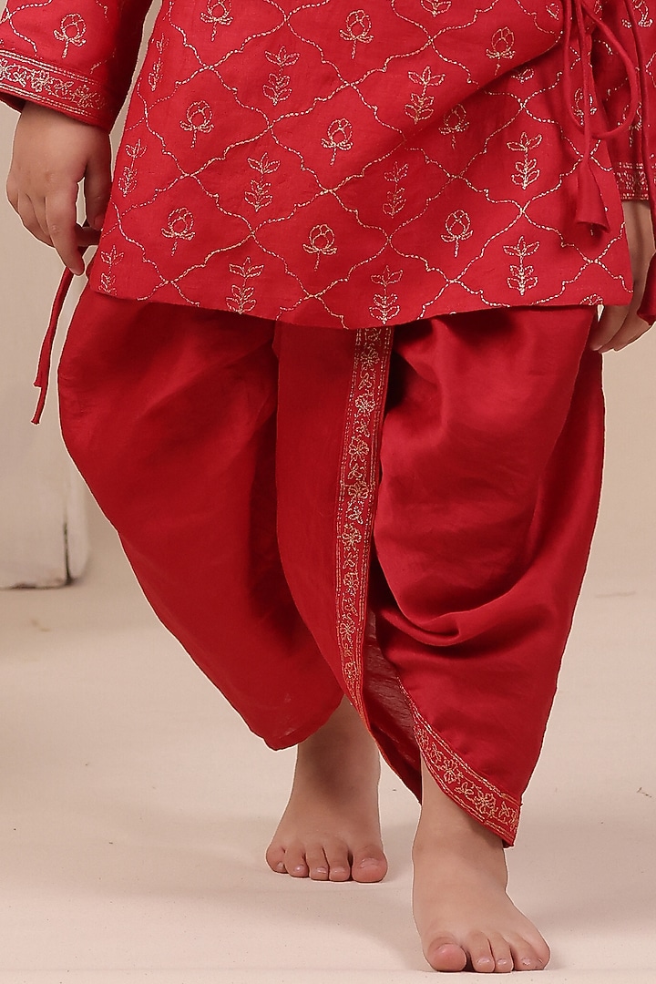 Red Cotton Silk Dhoti Set For Boys by All Boy Couture at Pernia's Pop Up Shop