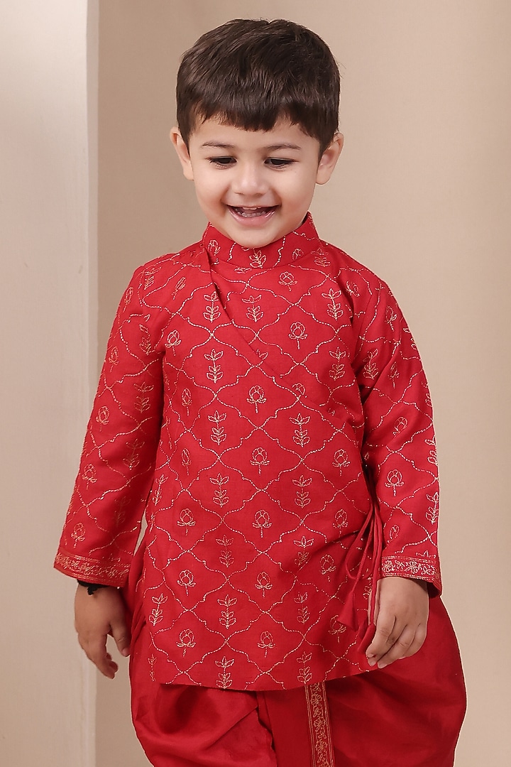 Red Cotton Silk Dhoti Set For Boys by All Boy Couture at Pernia's Pop Up Shop