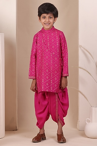 Hot Pink Cotton Silk Dhoti Set For Boys by All Boy Couture