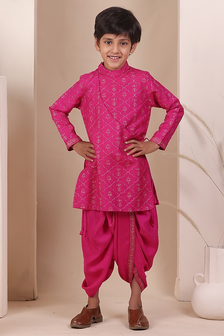 Hot Pink Cotton Silk Dhoti Set For Boys by All Boy Couture at Pernia's Pop Up Shop
