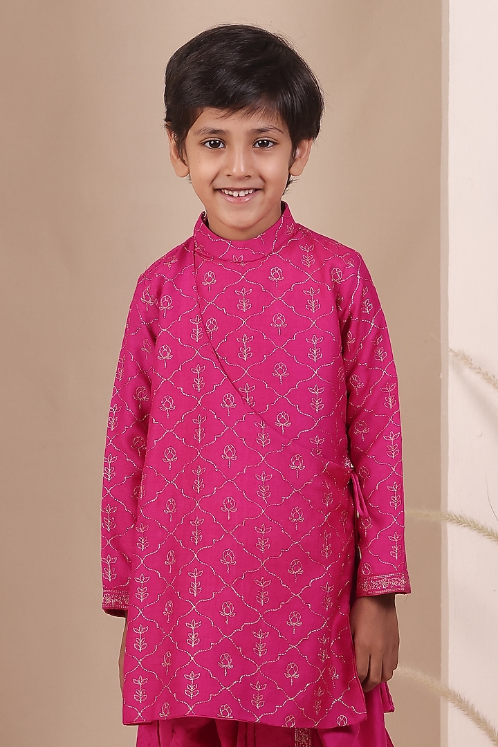Hot Pink Cotton Silk Dhoti Set For Boys by All Boy Couture at Pernia's Pop Up Shop