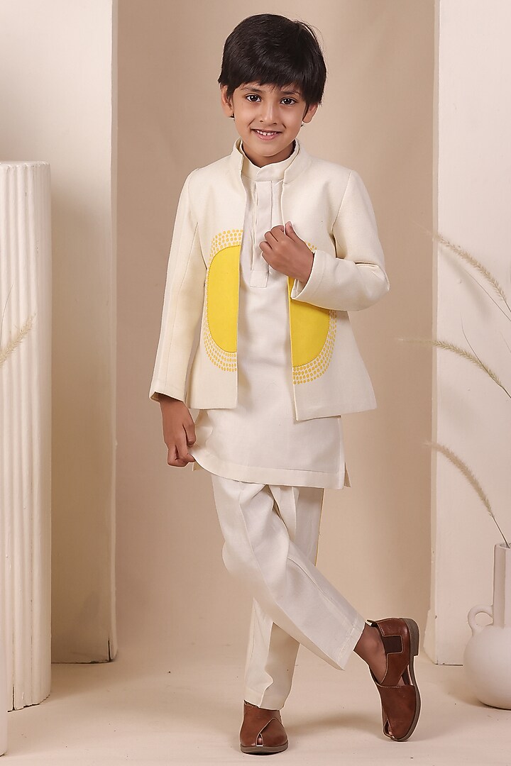 Beige Matka Hand Painted Nehru Jacket Set For Boys by All Boy Couture at Pernia's Pop Up Shop