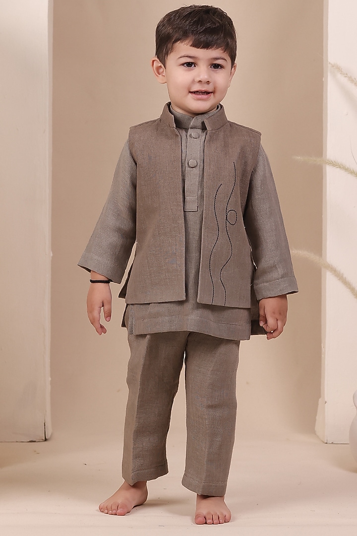 Grey Ombre Soft Linen Embroidered Jacket Set For Boys by All Boy Couture at Pernia's Pop Up Shop