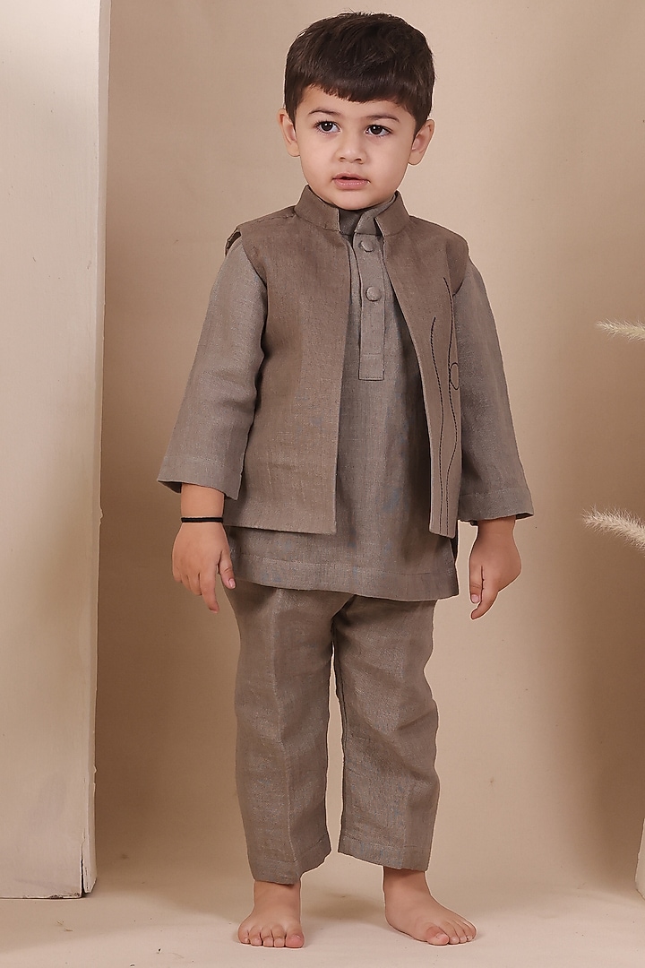 Grey Ombre Soft Linen Embroidered Jacket Set For Boys by All Boy Couture at Pernia's Pop Up Shop