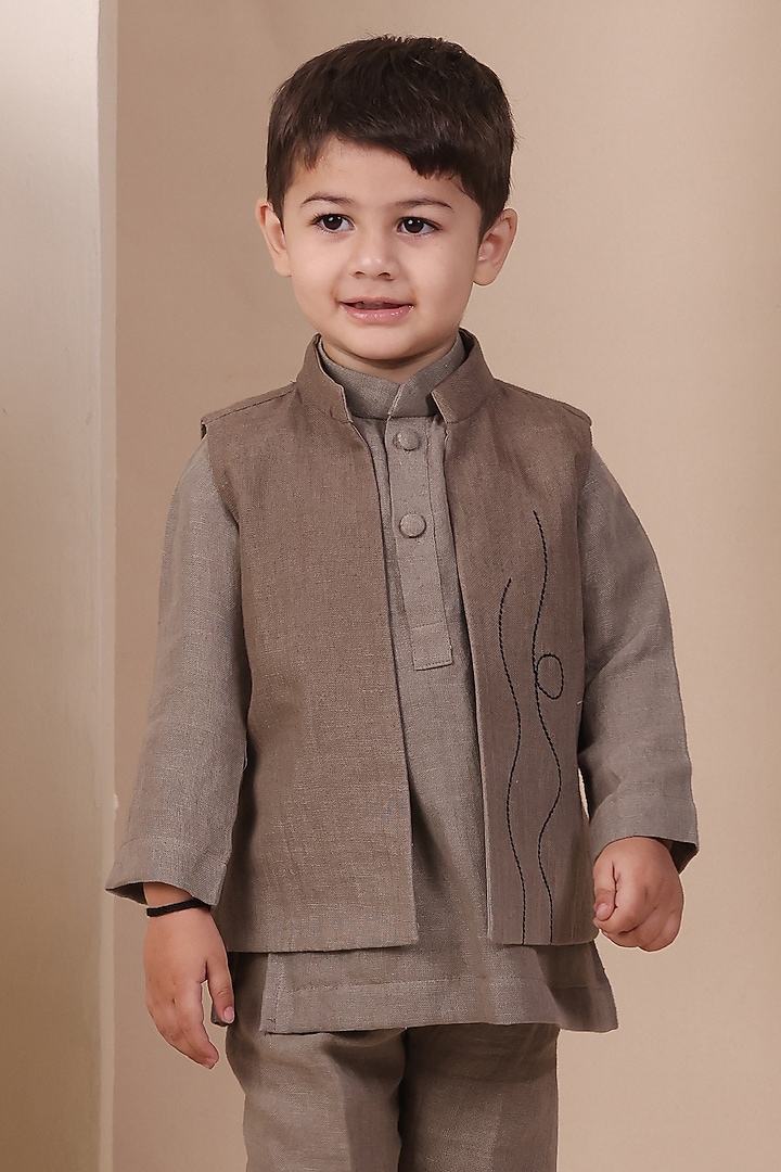 Grey Ombre Soft Linen Embroidered Jacket Set For Boys by All Boy Couture at Pernia's Pop Up Shop