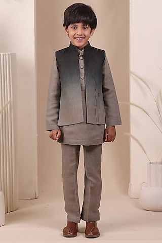 Grey & Black Soft Linen Embroidered Jacket Set For Boys by All Boy Couture