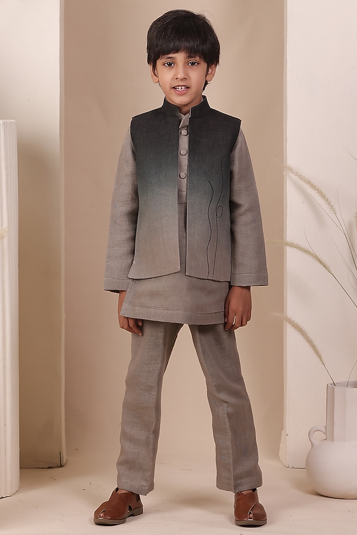 Grey & Black Soft Linen Embroidered Jacket Set For Boys by All Boy Couture at Pernia's Pop Up Shop