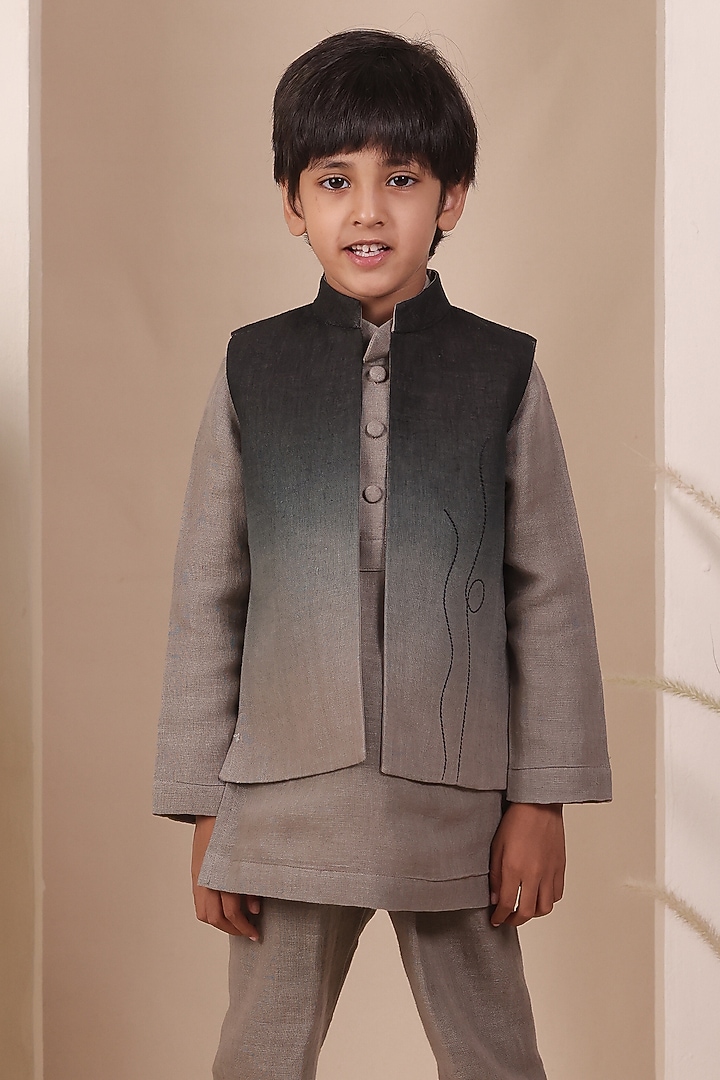Grey & Black Soft Linen Embroidered Jacket Set For Boys by All Boy Couture at Pernia's Pop Up Shop