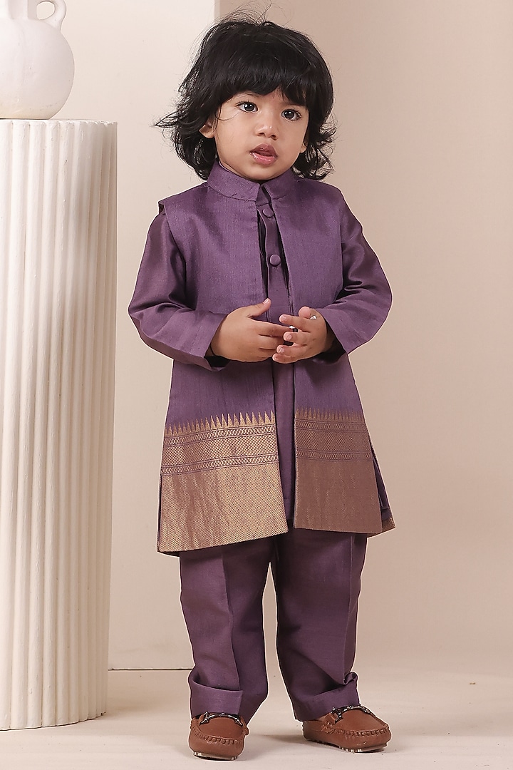 Purple Handloom Moonga Jacket Set For Boys by All Boy Couture at Pernia's Pop Up Shop