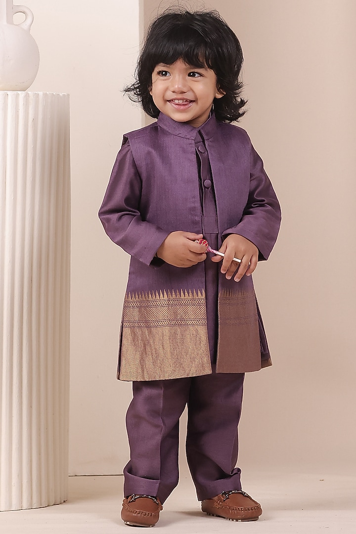 Purple Handloom Moonga Jacket Set For Boys by All Boy Couture at Pernia's Pop Up Shop