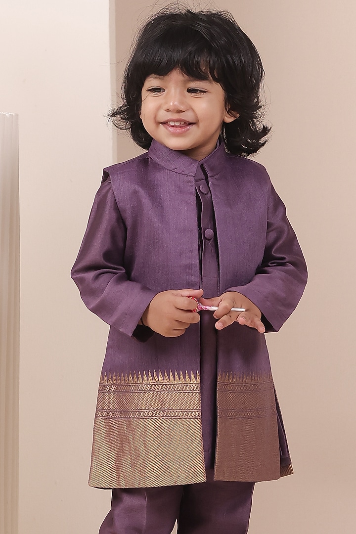 Purple Handloom Moonga Jacket Set For Boys by All Boy Couture at Pernia's Pop Up Shop