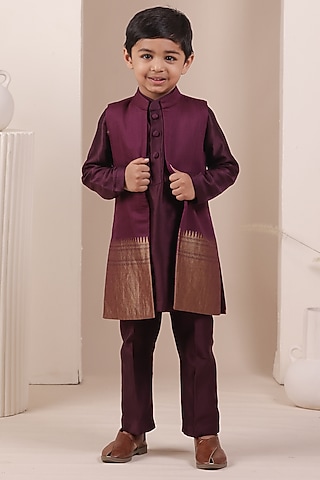 Wine Handloom Moonga Jacket Set For Boys by All Boy Couture