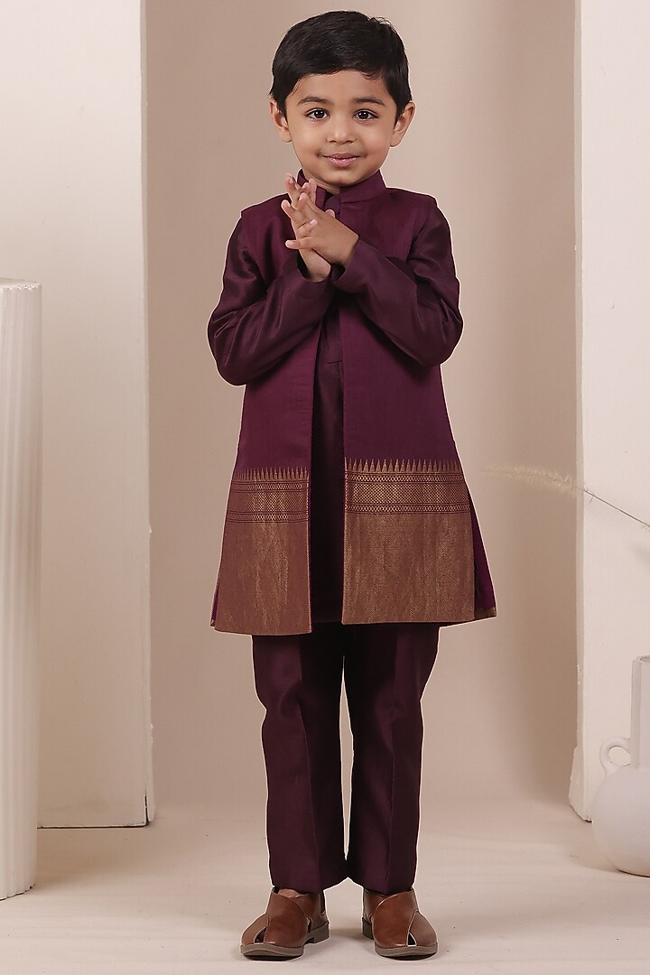 Wine Handloom Moonga Jacket Set For Boys by All Boy Couture at Pernia's Pop Up Shop