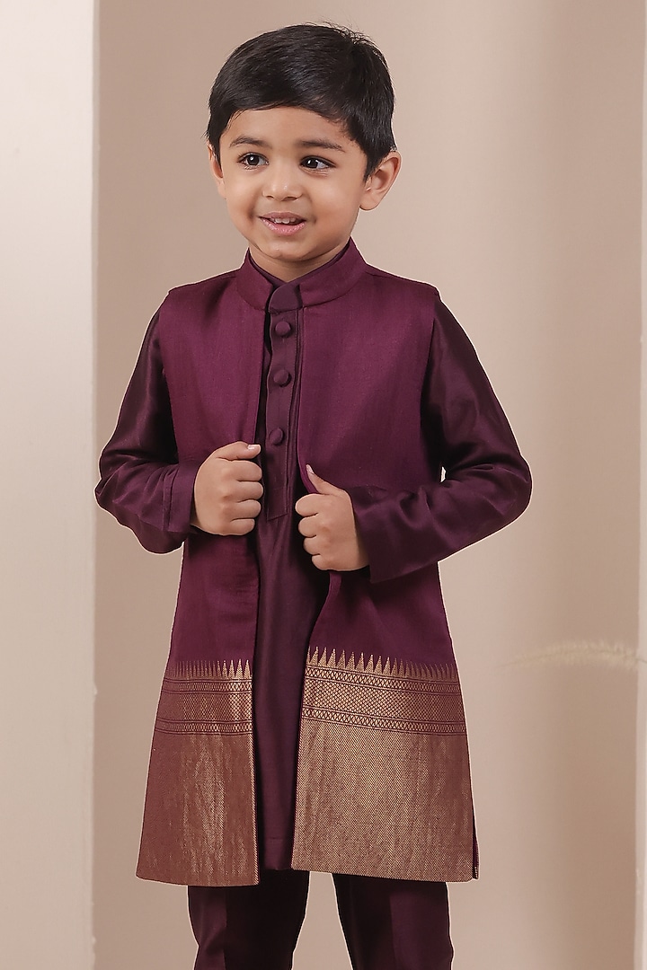 Wine Handloom Moonga Jacket Set For Boys by All Boy Couture at Pernia's Pop Up Shop