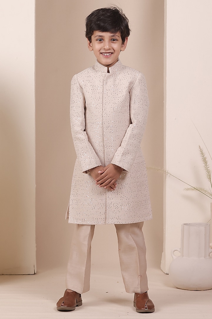 Off-White Knit Tweed Sequin Embellished Achkan Set For Boys by All Boy Couture at Pernia's Pop Up Shop