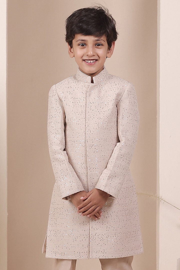 Off-White Knit Tweed Sequin Embellished Achkan Set For Boys by All Boy Couture at Pernia's Pop Up Shop
