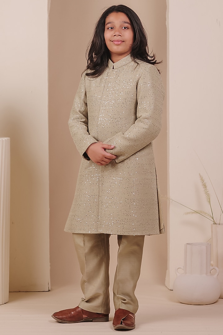 Light Green Knit Tweed Sequin Embellished Achkan Set For Boys by All Boy Couture at Pernia's Pop Up Shop