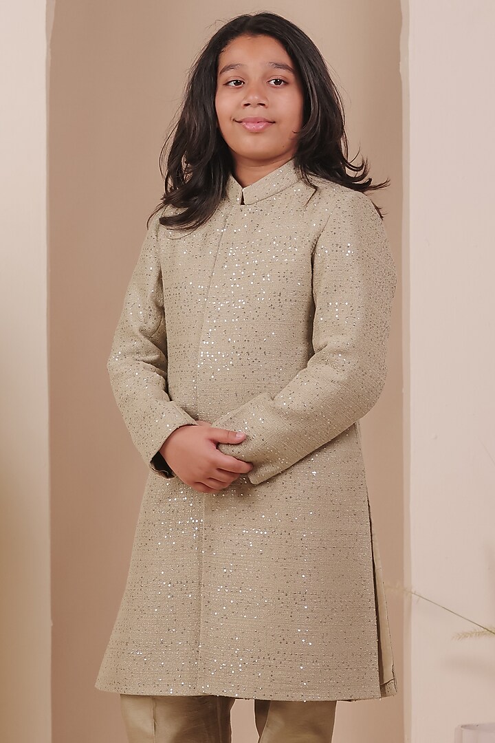 Light Green Knit Tweed Sequin Embellished Achkan Set For Boys by All Boy Couture at Pernia's Pop Up Shop