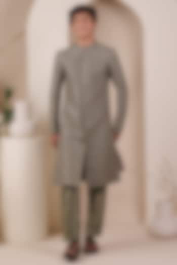 Olive Green Knit Tweed Sequin Embellished Achkan Set For Boys by All Boy Couture at Pernia's Pop Up Shop